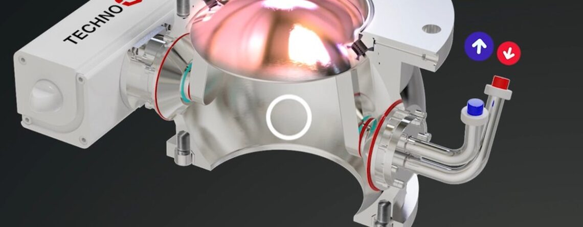 Cutaway of a Techno-G Ball Segment Valve with a heated valve head and the hot-water connections on the housing