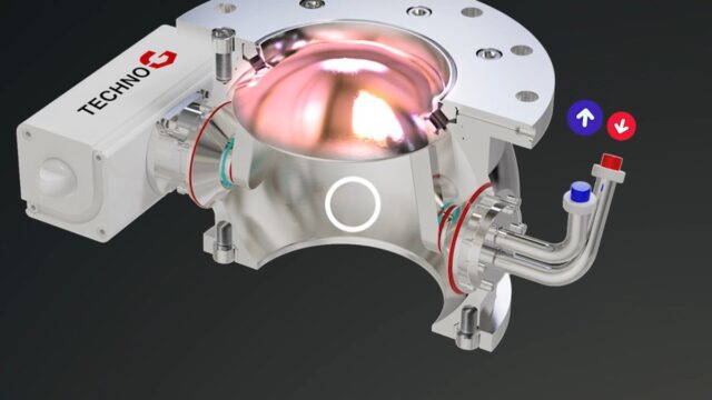 Cutaway of a Techno-G Ball Segment Valve with a heated valve head and the hot-water connections on the housing