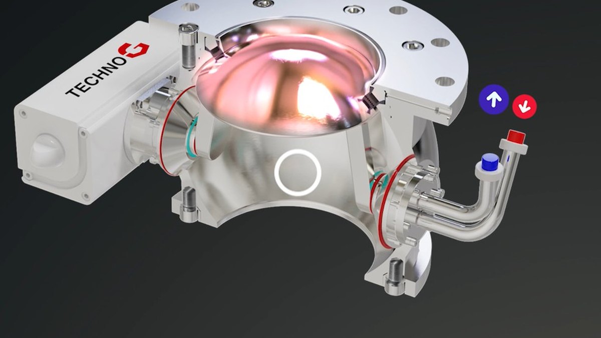 Cutaway of a Techno-G Ball Segment Valve with a heated valve head and the hot-water connections on the housing