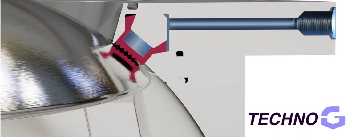 Cross-section render of the Techno-G inflatable seal pressing against the ball segment of a Techno-G Ball Segment Valve